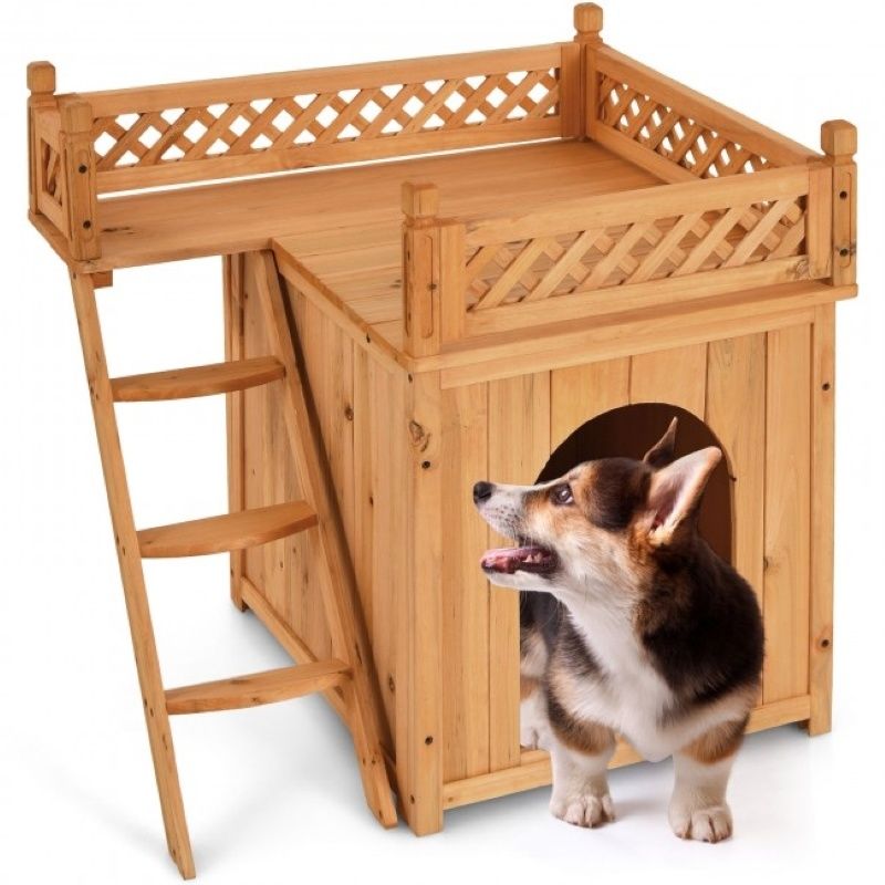 New Style Wood Pet House With Roof Balcony and Bed Shelter_voghion.com