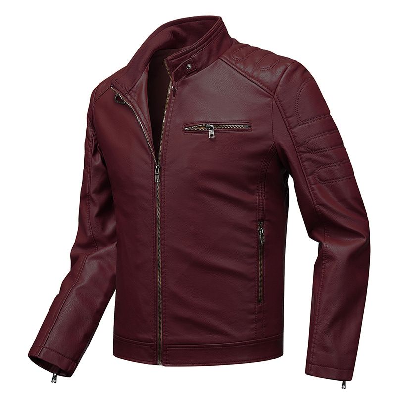 Men's Slim Fit PU Leather Jacket – Lightweight Biker Coat With Stand Collar (L-XXXXL, Black/Tan/Burgundy, Unlined & Fleece-Lined Options)​_voghion.com