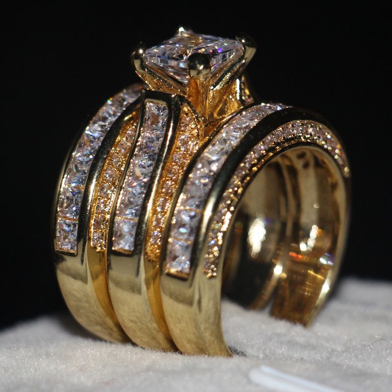 Vecalon Fashion 3-in-1 Damen-Ehering-Set mit 7 mm Prinzessin-Schliff und AAAAA Zirkonia, Gelbgold_voghion.com