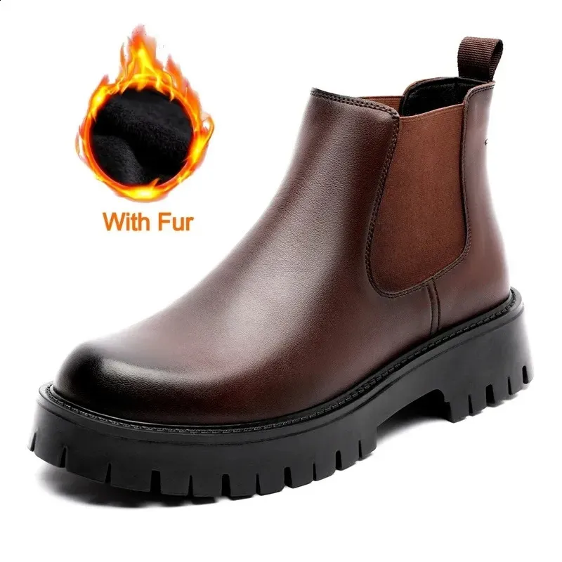 Brittisk stil män Vattentäta arbetsskor med tjock botten Fritidsmode Klassiskt läder bekväma högtoppade stövlar med runda tå_voghion.com