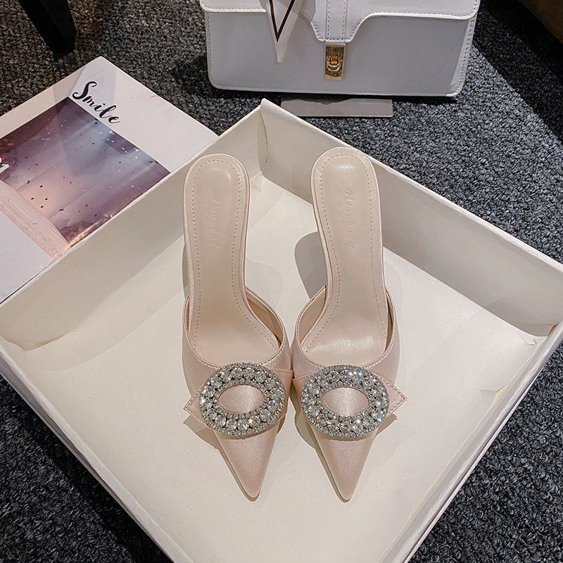 Spring And Summer Pointed Head Round Buckle High Heel Single Shoes Satin Rhinestone Bag Head Thin Heel Cool Slippers Women_voghion.com