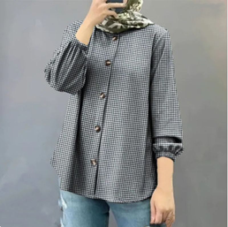 Camisa de mujer de talla grande, holgada, a la moda, con mangas abullonadas, a cuadros, manga larga, botones y tapeta_voghion.com