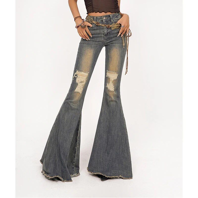 Blue High-waisted Women's Bell-bottoms Jeans Street Fashion Korean Retro Wide-legged Jeans 2023 Winter Women's Jeans_voghion.com