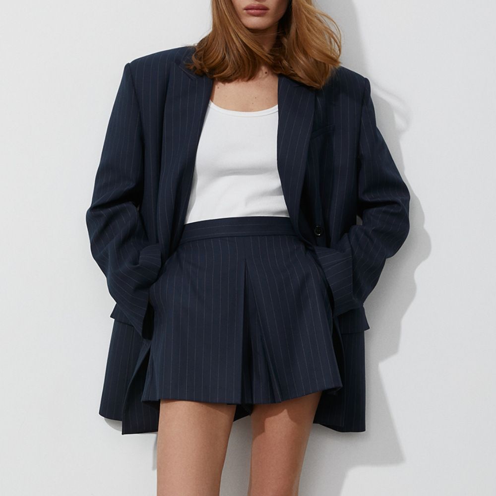 Women's Striped Suit Shorts Suit Loose Commuting Suit + Half-length Pants and Skirt Two-piece Set_voghion.com