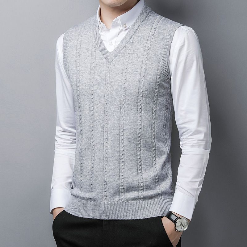 Herren Herbst und Winter Neue Strickweste mit V-Ausschnitt Lässiger Pullover Einfarbig Ärmellos Verdrehte Pulloverweste Unterhemd_voghion.com
