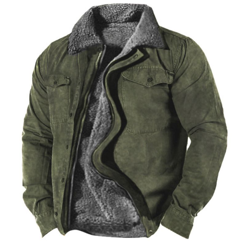 Herrenbekleidung, dicke Seitennahttasche, lässiger Reißverschluss, lockerer Typ, wolfsbraune Jugend-Baumwolljacke_voghion.com