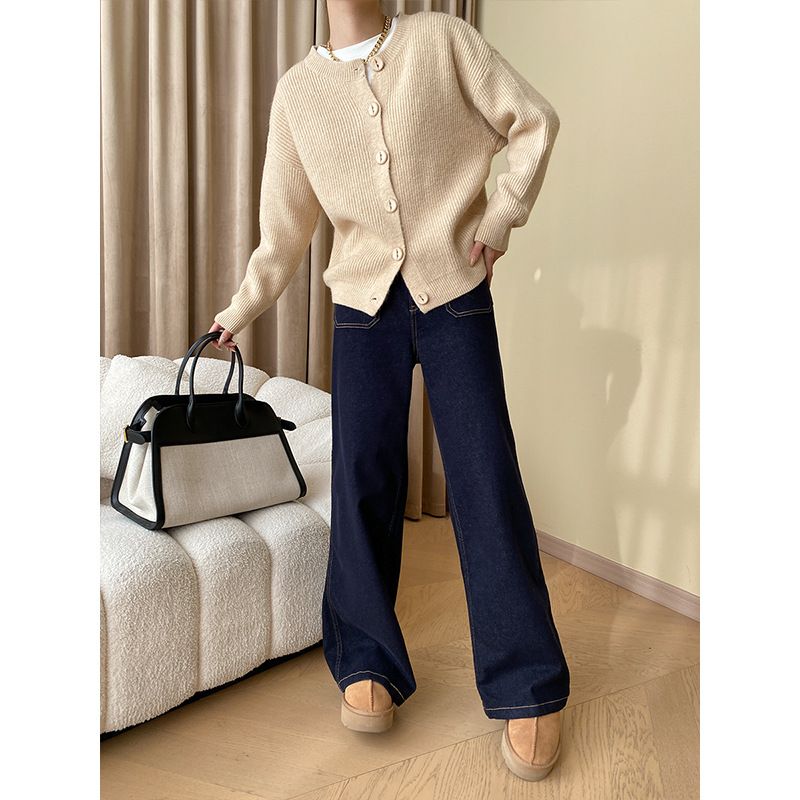 Women's Clothing Retro Style Bright Line Double Pocket Design Stitching Straight Wide Leg Jeans_voghion.com