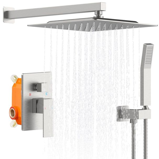 Shower System Shower Faucet Combo Set Wall Mounted With 10" Rainfall Shower Head And Handheld Shower Faucet, Brushed Nickel Finish With Brass Valve Rough-In_voghion.com