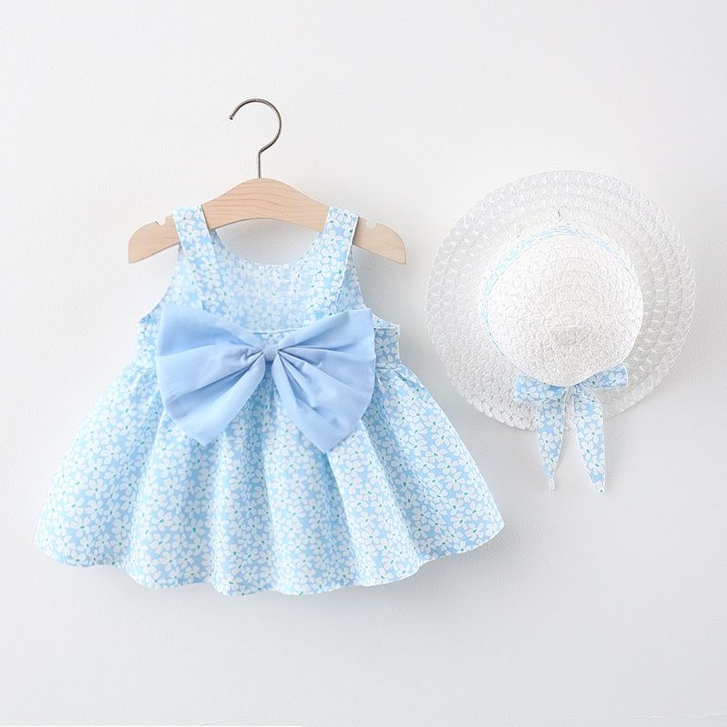 Babyklänning Sommar Barnkläder Koreansk stil mjuk tryckt klänning bomullsklänning med rosett för babyflicka_voghion.com