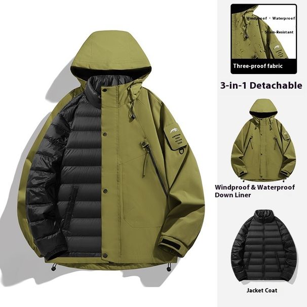 Goose Down Outdoor 3-in-1 Men's Winter Insulated Jacket With Removable Down Liner Versatile 3-in-1 Hiking Jacket With Triple Protection_voghion.com