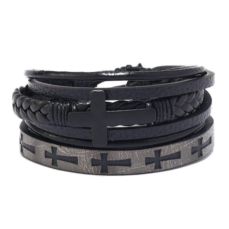 Bracciale da uomo in pelle intrecciata multistrato, semplice, con accessori a croce, in due pezzi_voghion.com