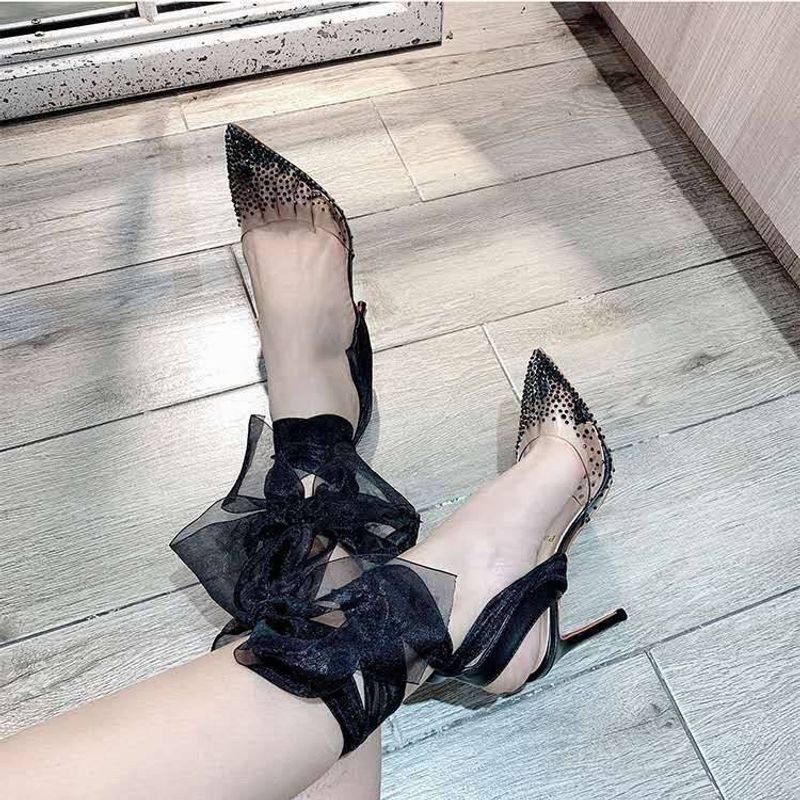 Ladies new rhinestone decorated pointed toe shallow mouth PVC strappy high heel sandals_voghion.com