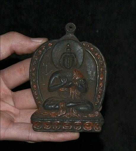 3,8" altes Tibet-Buddhismus-Bronze-Shakyamuni-Amitabha-Buddha-Anhänger-Amulett_voghion.com