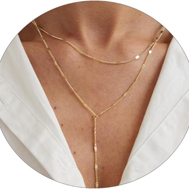 Collana con nappa a forma di Y e goccia d'acqua, design a doppio strato placcato oro 14K, catena con ciondolo antiallergico e regolabile, resistente allo sbiadimento_voghion.com