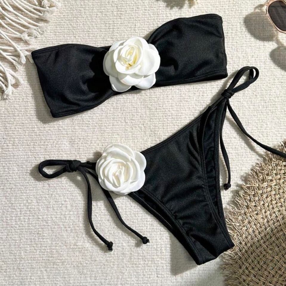 Elegant Solid Color Rose Wrap Bandeau Bikini Set - Adjustable Tied Side & Ribbed Texture - Women's Swimwear For Beach & Pool_voghion.com