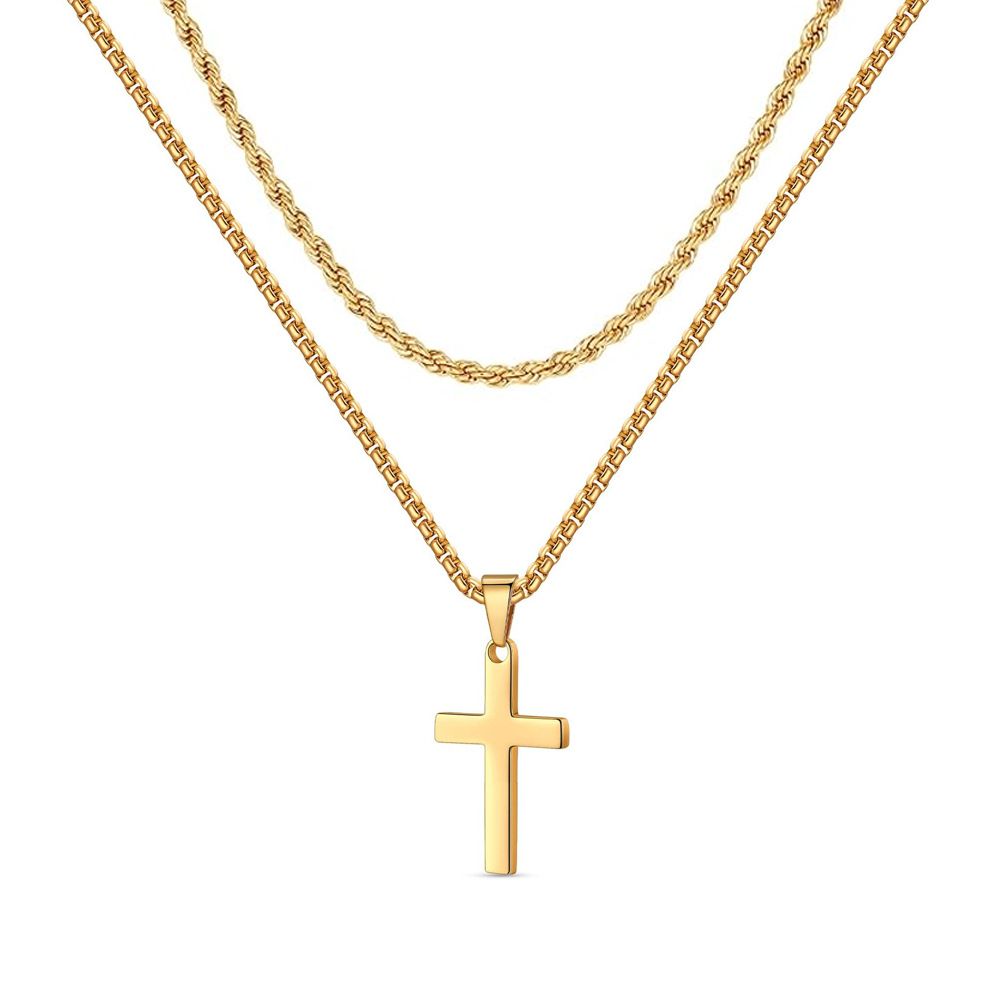 Collana con croce a strati, doppia catena intrecciata, ciondolo in acciaio inossidabile, accessori alla moda per uomo_voghion.com