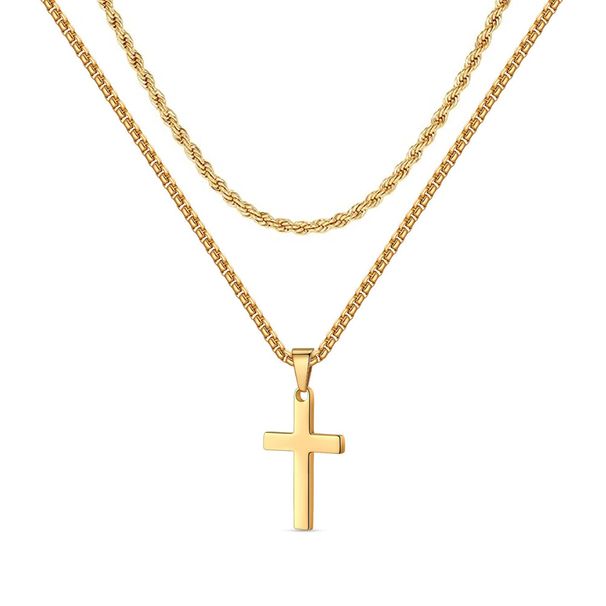 Collana con croce a strati, doppia catena intrecciata, ciondolo in acciaio inossidabile, accessori alla moda per uomo_voghion.com