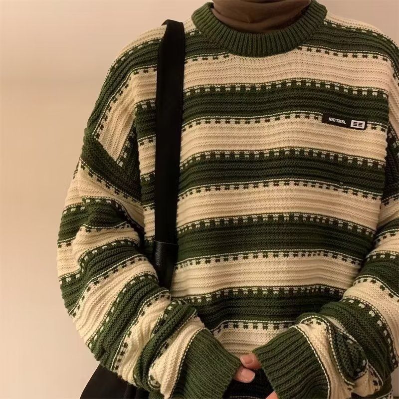 New autumn and winter retro light mature style loose round neck retro striped knitted sweater_voghion.com