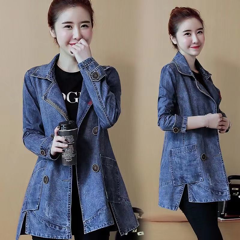 WTEMPO Cappotto da donna in jeans con colletto a maniche lunghe con spacco medio lungo in denim blu Giacca con bottoni laterali con tasche_voghion.com