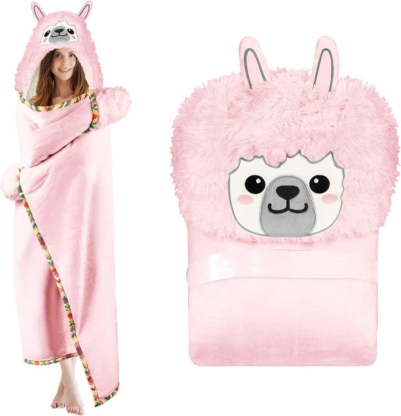 Women's clothing Cute Casual Homewear Hooded Thickened Warm Lamb Cloak Flannel Shawl Hooded Women's Bathrobe Blanket_voghion.com