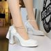 Sweet bow pearl chain chunky heels square toe line with patent leather waterproof platform shoes_voghion.com