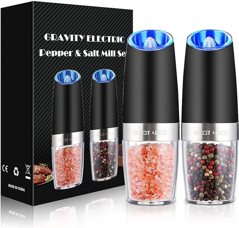 Electric Pepper/Salt Grinder Set, Manual Free, One-Hand Automatic Grinding Pepper/Salt, Battery/Rechargeable, With G-switch And LED Light_voghion.com