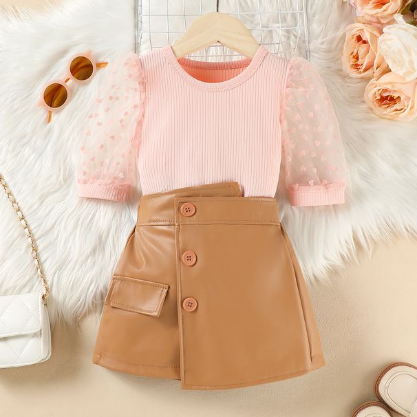 Completo estivo per bambine con top a maniche in rete alla moda per mamma e bambini, top a maniche in rete alla moda, gonna asimmetrica in similpelle, pantaloni, set due pezzi_voghion.com