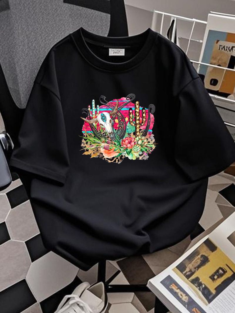 Azteken Western Hufeisen Kuhschädel T-Shirt Western Cowgirl T-Shirt Stretched Top für den Alltag Stylische Mode Streetwear Vielseitig Lässig_voghion.com