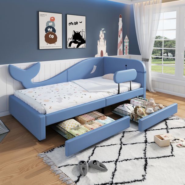 Kinder-Spleißbett, Polsterbett, Tagesbett, Walförmiges Design, Schlafsofa , 2 Schubladen Auf Rollen, PU+MDF+Sperrholz, Blau, 90x200cm_voghion.com