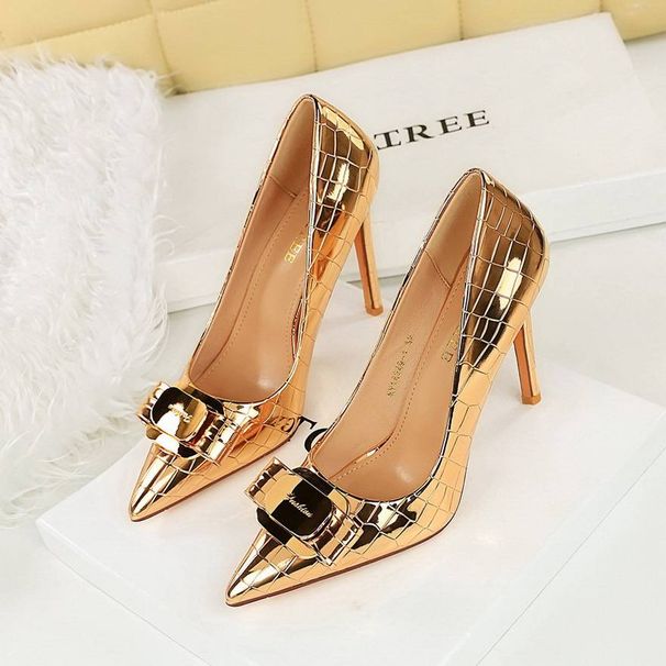 Evening Glam Heels – Patent Leather Stiletto With Metallic Bow (Red Carpet & Ultra High)_voghion.com