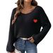 Maglione oversize da donna con ricamo a cuore per San Valentino, spalle scoperte - Pullover casual e comodo con applicazione a forma di cuore_voghion.com