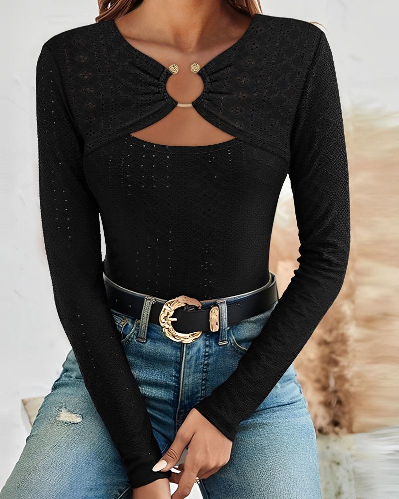 Damkläder, slim fit, ihåliga jacquard långärmade toppar för kvinnor_voghion.com