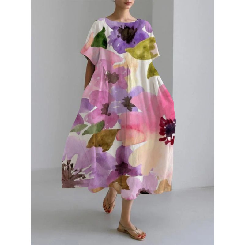 Lockeres, modisches, hochwertiges, kurzärmeliges, bedrucktes Damenkleid mit Rundhalsausschnitt_voghion.com