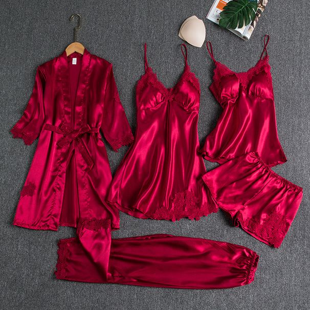 Luxury Satin Sleepwear Set For Women - 5-Piece Lingerie & Robe Combo With Adjustable Straps, Plus Size Available_voghion.com