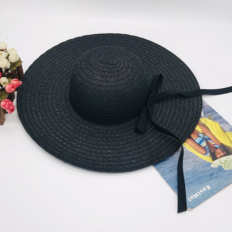  women's seaside outdoor beach sun hat large brim bow sun protection dome thin straw hat_voghion.com