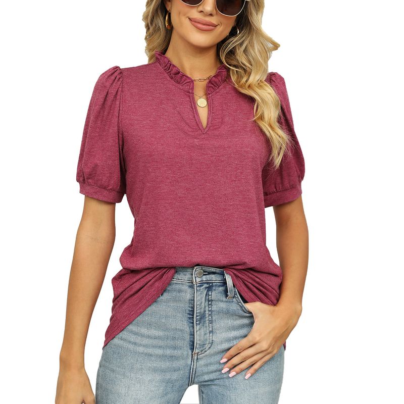 Damen-Pullover mit V-Ausschnitt, einfarbig, mit plissierten T-Shirt-Oberteilen_voghion.com