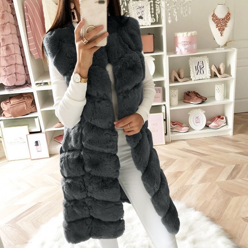 Women's imitation fur long waistcoat padded padded long plush waistcoat_voghion.com