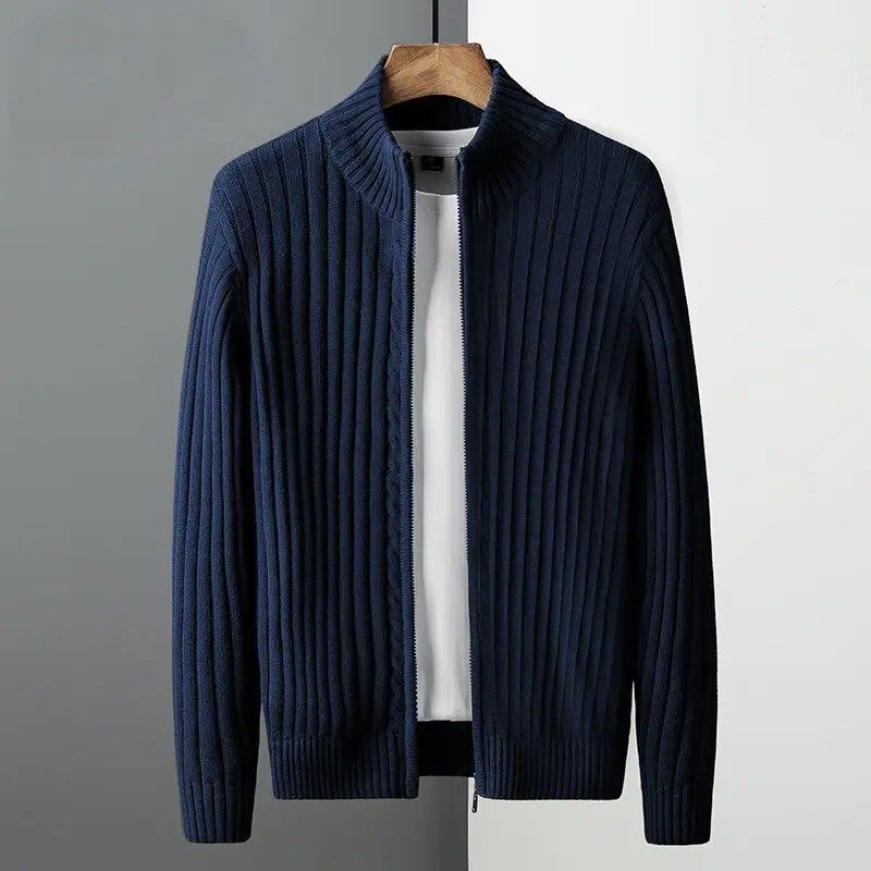 Men's Slim Fit Knit Cardigan Sweater - Breathable Stretch Zip-up Jacket For Business Casual & Daily Wear (Grey/Black/Navy)_voghion.com