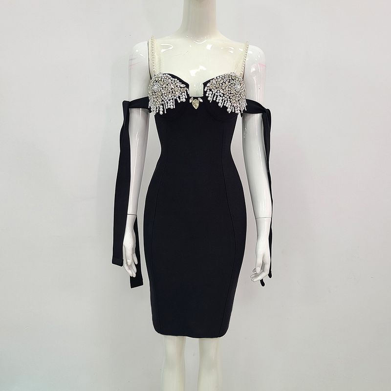 Women's one-shoulder straps with diamonds sexy slim bandage dress_voghion.com