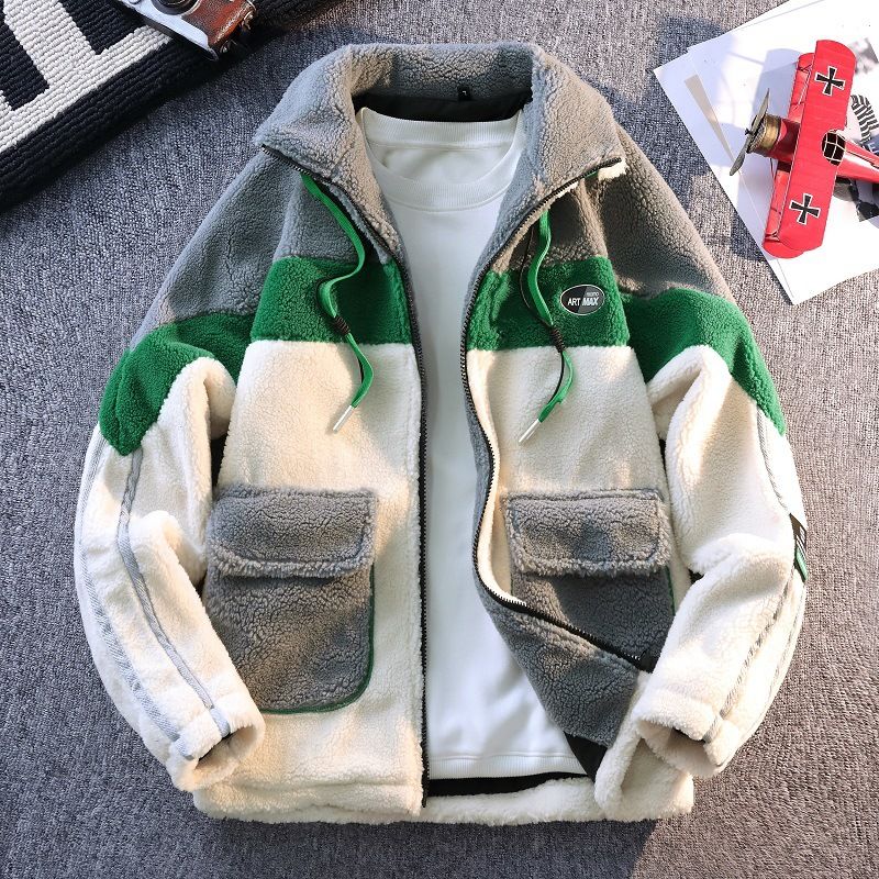 Men’s Winter Sherpa Jacket – Trendy Color-Block Fleece Coat (Stand Collar, Relaxed Fit, Thickened Polyester Blend, Ribbed Hem)_voghion.com
