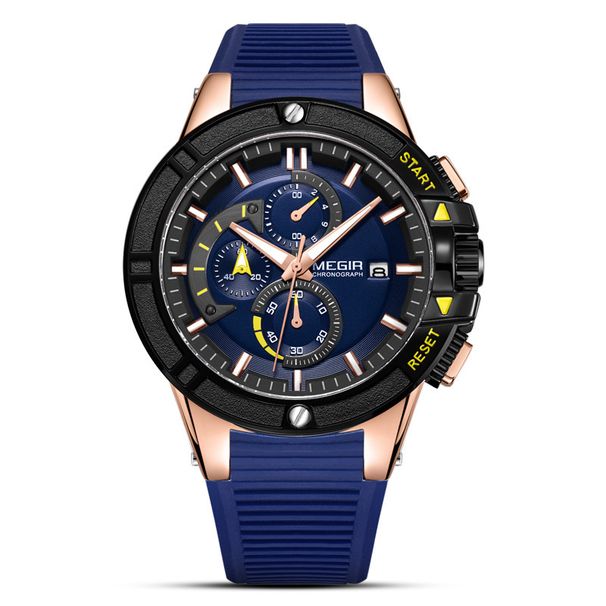 Orologio sportivo da uomo MEGIR con cronografo multifunzione, datario, lancette luminose, resistente all'acqua fino a 30 m, quadrante blu, cassa rosa e cinturino blu_voghion.com