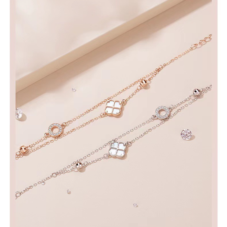 S925 sterling silver double layer four leaf clover bracelet fairy style light luxury niche design high end sense to send girlfriends birthday gift_voghion.com