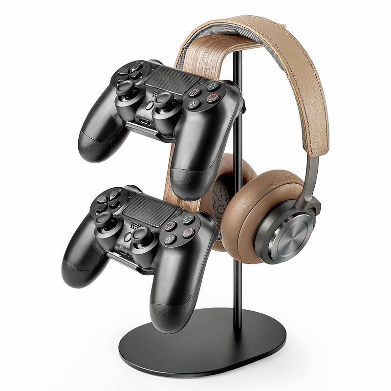 Aluminum and wood material gaming controller and headset stand, compatible with PS5, PS4, Xbox One, and Nintendo Switch._voghion.com