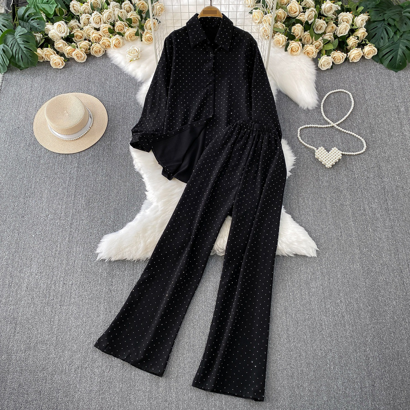 Women's Clothing Temperament Hot Diamond Lapel Long Sleeved Loose Sun Proof Shirt High Waisted Slim Straight Wide Leg Pants Two Piece Set_voghion.com
