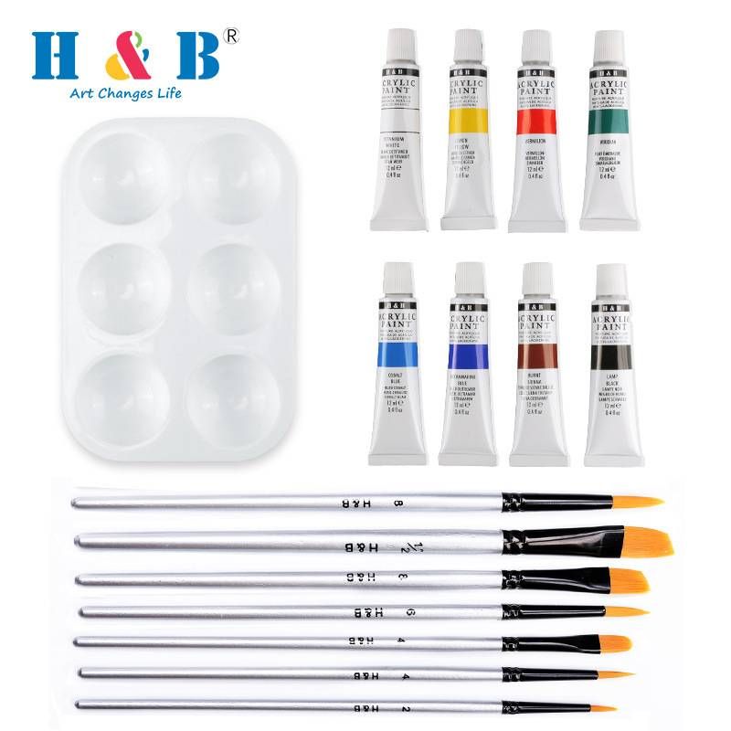 H&B Professional Art Paint Palette Set 16 Pieces Nylon Brush Acrylic Paint Set_voghion.com