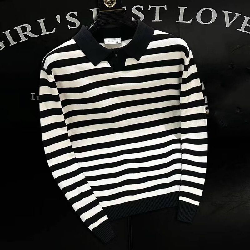 Men's Clothing Anti Pilling Anti Static Knitted Sweater Men's Popular Striped Light Business Gentleman Large Size Lapel Polo Shirt Sweater_voghion.com