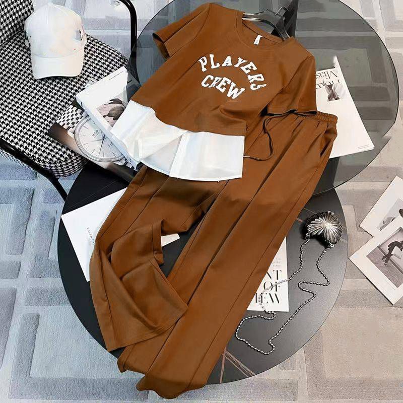 Damen Sommer 2024 neuer Stil stilvolle Taille kurze Ärmel zweiteiliger Anzug mit weiten Hosen_voghion.com