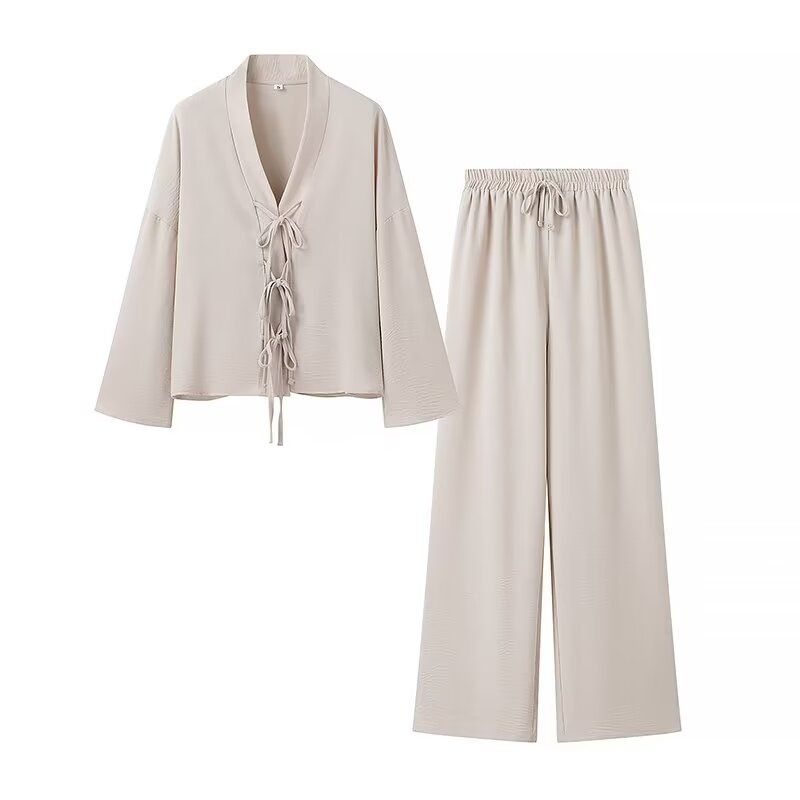 2024 Autumn Women's Clothing New Loose Lace Up Temperament Casual Sleeved Shirt Long Pants Set_voghion.com