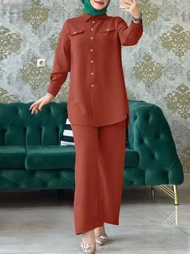 Naiste rõivad Lähis-Ida moslemi ühevärvilised pikkade varrukatega puidust nööbiga taskuga kaetud särk püksid kaheosaline komplekt_voghion.com