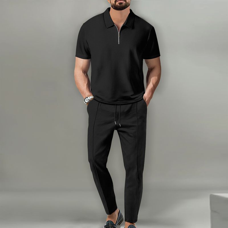Men's Clothing Autumn New Men's Solid Color Suit Waffle Lapel Short Sleeve Zipper Pants Suit_voghion.com